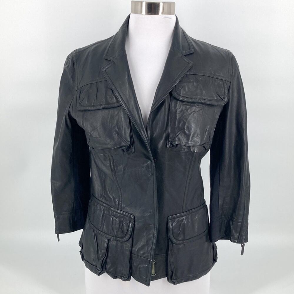 9/15 Saks Fifth Avenue Womens Black Lambskin Cotton 3/4 Sleeve Jacket Size 6